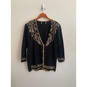 Vintage black gold embroidered cardigan 80's size XL